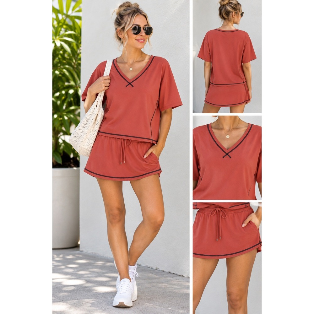 Womens Coral 2 Piece Skort Set V-Neck Top Activewear Athleisure Small